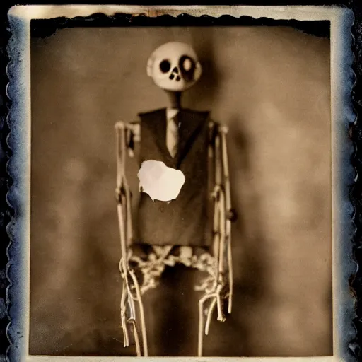 Image similar to creepy marionette puppet, clockwork horror, pediophobia, lost photograph, forgotten, final photo found before disaster, polaroid,