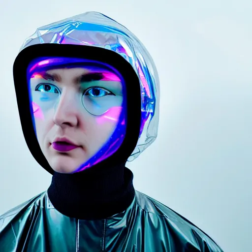 Prompt: an ultra high definition professional studio quality photograph of an artificially intelligent cyberpunk art influencer wearing a transparent iridescent pastel coloured face visor and matching squid based raincoat on white coat hook in a sheer icelandic black rock environment. dramatic lighting. volumetric shadows. light rays