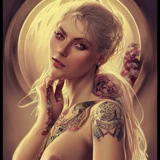 Image similar to ultra realistic illustration, a hot and beautiful tattooed blonde slavic woman in her 3 0's, intricate, elegant, highly detailed, digital painting, artstation, concept art, smooth, sharp focus, illustration, art by artgerm and greg rutkowski and alphonse mucha