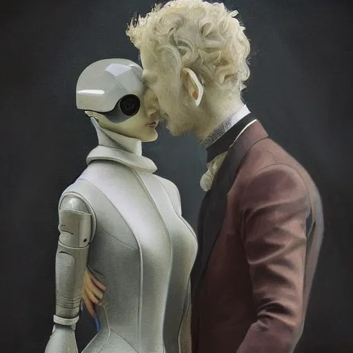 Prompt: victorian robotic couple, walking a human on a lead, beauty portrait, smooth, sharp focus, award - winning, masterpiece, in the style of of beth cavener, jin kagetsu, james jean and wlop, face symmetry, masterpiece, award winning, sharp focus, intricate concept art, ambient lighting, artstation