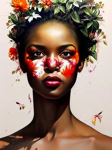 Image similar to portrait of a beautiful black woman with a floral background : : painted by artgerm, karol bak, artur bordalo, sandra chevrier : : portrait, character, illustration, hyperrealism, photorealism