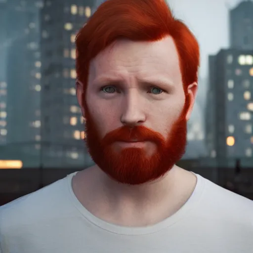 Image similar to hyperrealistic portrait of redhead guy around 20 years, lit in a dawn light, busy city on background, trending on artstation,ultrawide angle, f8 , polarizer , unreal engine