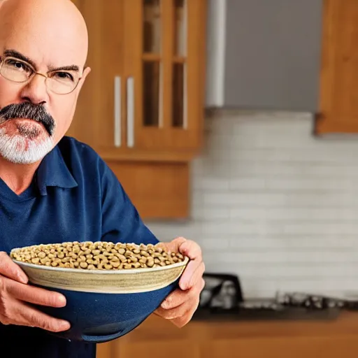 Image similar to Dave Ramsey eating a bowl of cooked lentils, unhappy, dirty house, wearing dirty clothes, realistic, 4K, highly detailed,