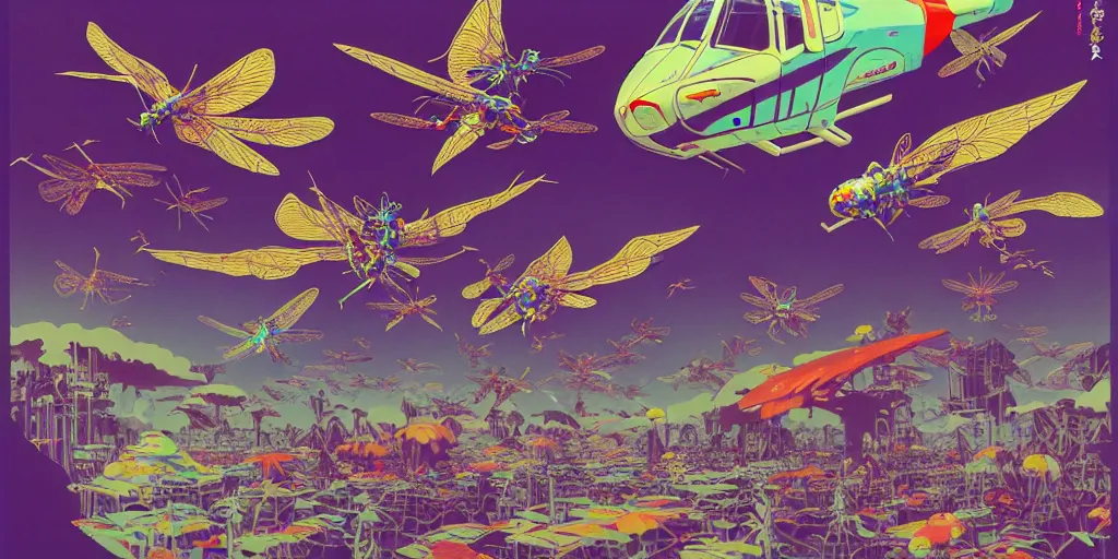 Image similar to risograph, gigantic mecha arzach birds with dragonflies, tiny rats, a lot of exotic animals around, big human faces everywhere, helicopters and tremendous birds, by satoshi kon and moebius, matte colors, surreal psychedelic design, crispy, super - detailed, a lot of tiny details, 4 k, fullshot