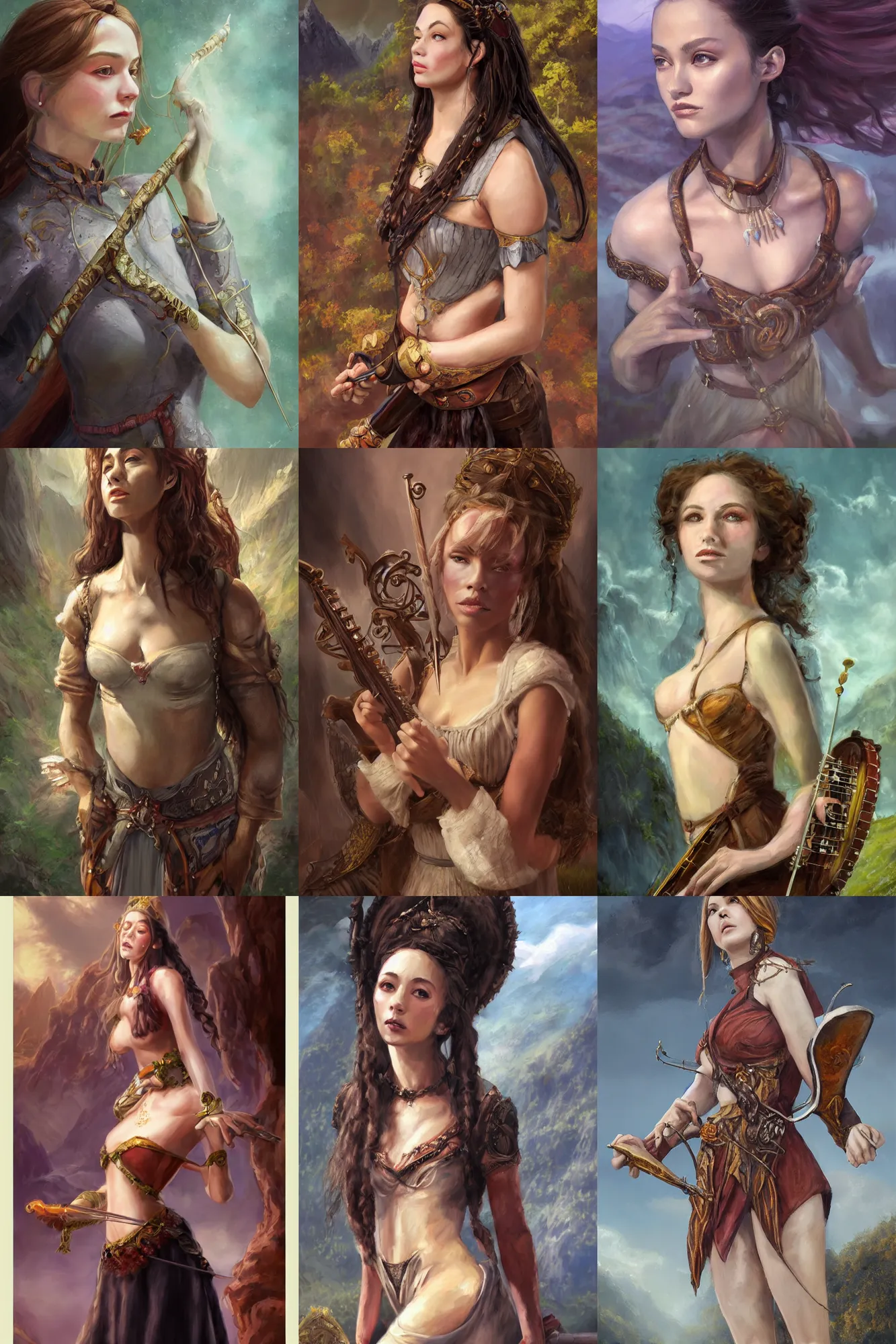 Image similar to a full body high detail fantasy portrait oil painting illustration of a single beautiful sophisticated bard woman by justin sweet with face and body clearly visible, in a scenic background, pupils visible, realistic proportions, d & d, rpg, forgotten realms, artstation trending, high quality, sombre mood, artstation trending, muted colours, entire person visible!
