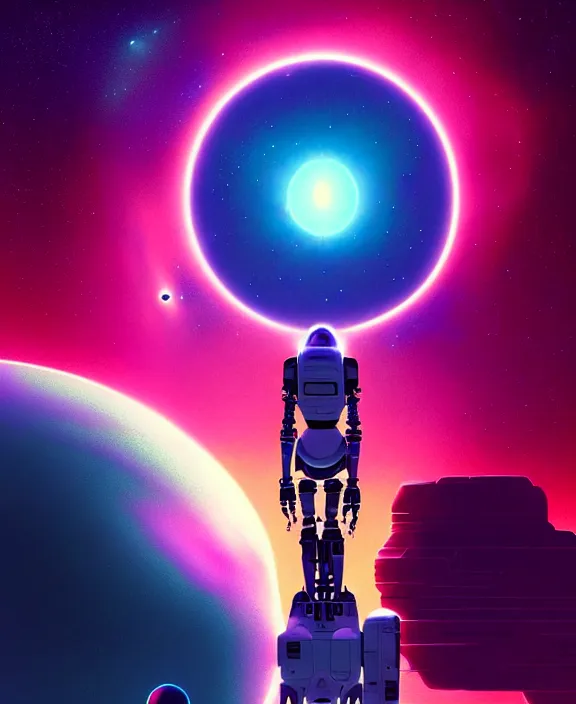 Image similar to robotic expedition to new star by christopher balaskas and beeple and norman rockwell and anton fadeev, asymmetrical!!, asymmetry!!, hyperrealistic, energy mote, solarpunk propaganda, high contrast, high saturation, intricate details, ultra detailed, space, nebula, sharp focus, astronomy, atmospheric, crisp edges, mist, reflections