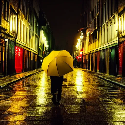 Image similar to A dramatic portrait painting of a man wearing yellow rain coat , holding red umbrella , walking in a black and white street . Cinematic lighting