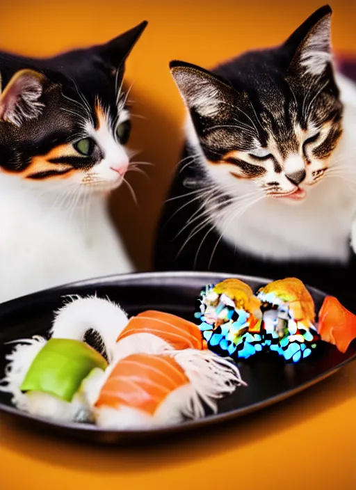 Image similar to clear photograph of cute cats stealing sushi from sushi plates