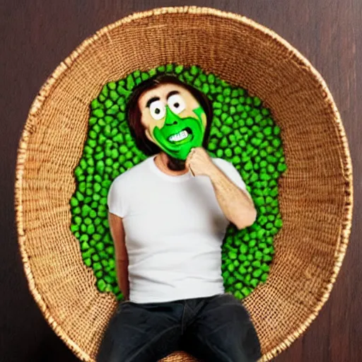 Image similar to nicolas cage with a wicker basket over head screaming with a mouth full of peas