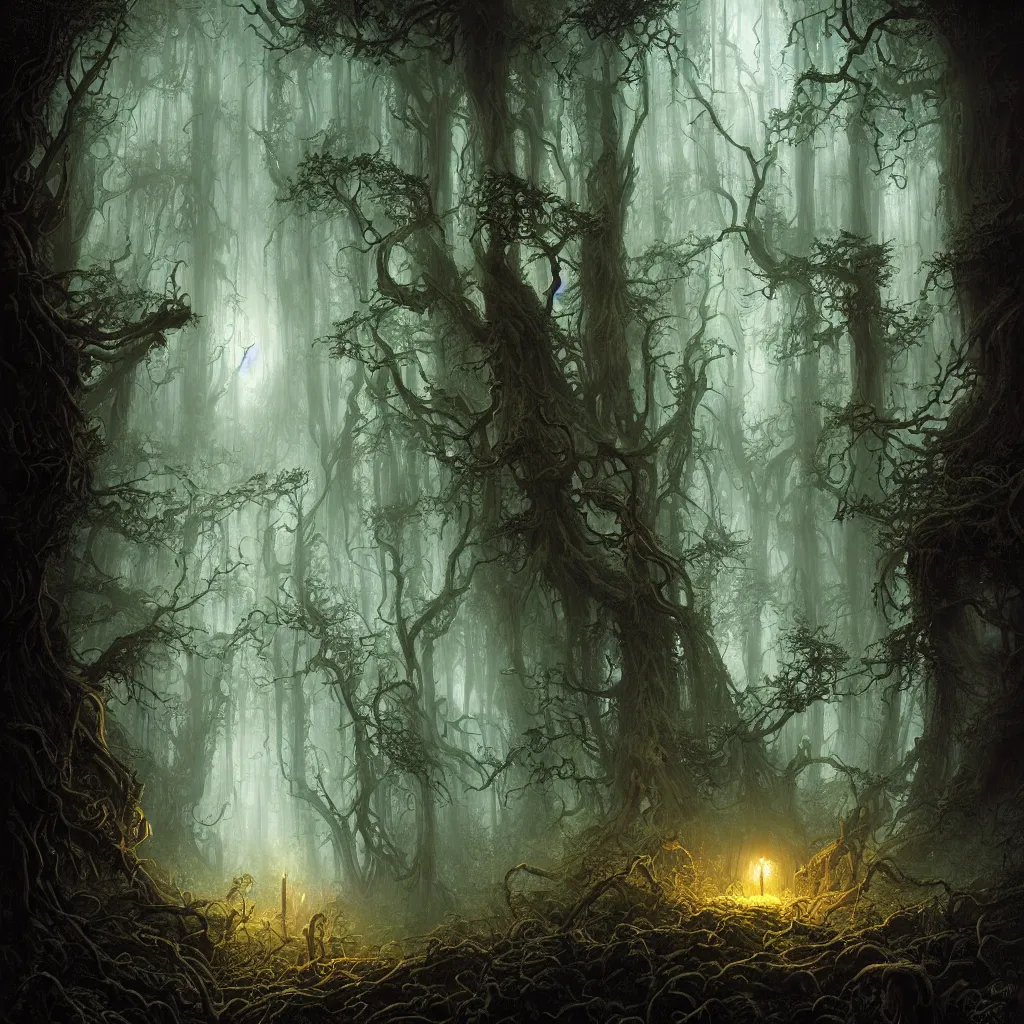 Image similar to a dark lush haunted sequoia forest at night, upward cinematic angle, J.R.R. Tolkien, by Rodney Matthews, P. Craig Russell and Andreas Rocha, dim moonlight, beautiful composition, intricate, elegant, digital art, detailed, mixed media painting, hyperrealistic, sharp focus, 8k