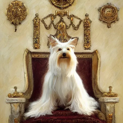 Image similar to white yorkshire terrier sitting on throne, portrait art by donato giancola and greg rutkowski, realistic face, digital art, trending on artstation, symmetry