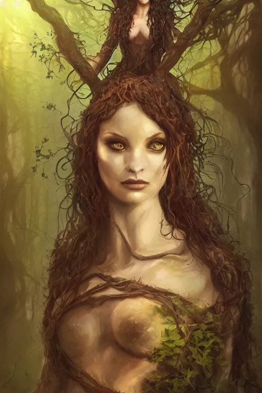 Image similar to portrait of a dryad, fantasy painting, dryad priestess inspired by brian froud, inspired by dungeons and dragons, mysterious, in an evening autumn forest, trending on art station, sunset evening lighting, ominous shadows by jessica rossier