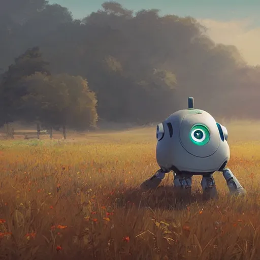 Prompt: a robot in a field. cgsociety masterpiece, artstation trending, by rossdraws, ghibli, kimi no na wa, greg rutkowski, simon stalberg, greg manchess