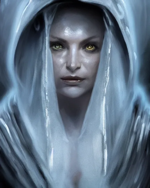 Prompt: closeup portrait, beautiful woman dark lord of the sith wearing a hooded jedi cloak, white skin, dark eyes, standing in deathstar hallway, craig mullins, rim light, volumetric lighting, concept art, smooth, sharp focus, arney freytag, glamour pose, soft ambient lighting,, iso 4 0 0, 6 2 mm,