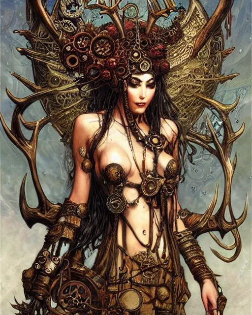 Prompt: steampunk isis with fairy wings and elk antlers by karol bak and rebecca guay