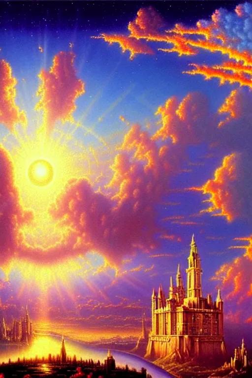 Prompt: a photorealistic detailed cinematic image of a beautiful vibrant iridescent future for human evolution, spiritual science, divinity, utopian, ornate towers and jeweled castles, cumulus clouds, ground view, by david a. hardy, kinkade, lisa frank, wpa, public works mural, socialist