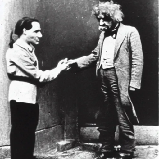 Prompt: friedrich nietzsche meeting young albert einstein for the first time, historic photograph