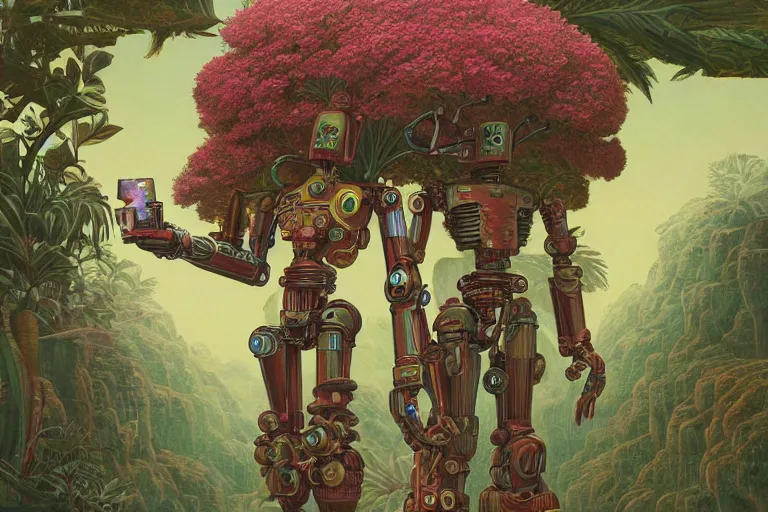 Image similar to evangelionic illustration, gigantic pleasure man head, a lot of exotic vegetation, trees, tremendous pleasure robot, flowers, oldschool vintage sci - fi flat surreal design, super - detailed, oil painting by moebius, hd, 4 k, high quality