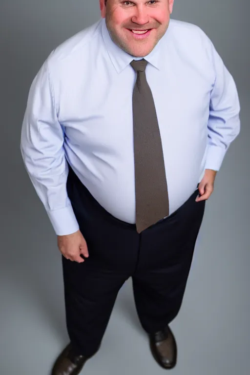 Image similar to full body color photograph of a balding, middle aged, slightly fat, brown haired, hairy, blue eyed, round faced, short white man who has a slightly large belly and thick legs, dressed in a white shirt, grey pants and black dress shoes, smiling at the camera with perfect, straight white teeth, full body portrait, head to toe