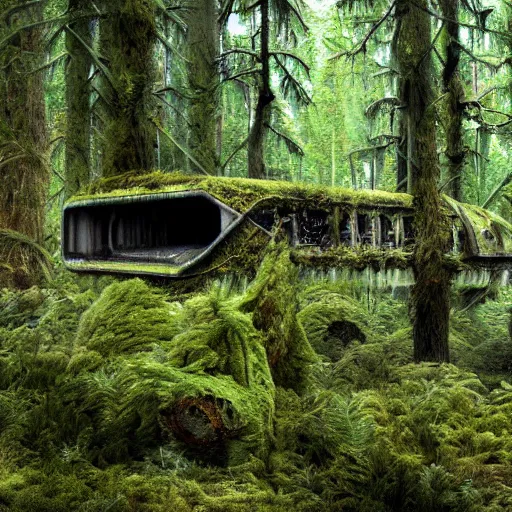 Image similar to derelict spaceship in a Forrest, hyper detailed, overgrown with moss, rusty metal, wildlife, daytime