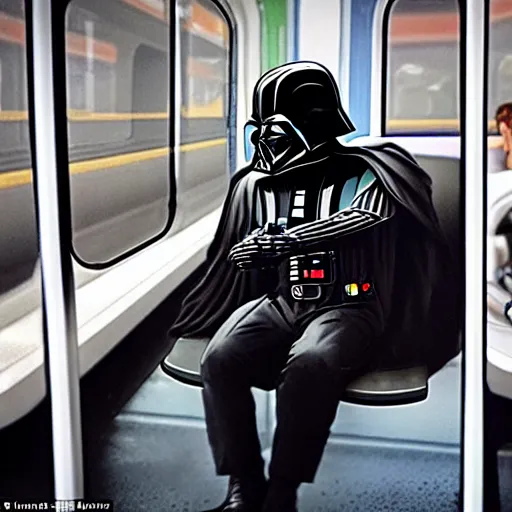 Image similar to of darth vader on his iphone on a train with a small rubber duck sitting next to him looking up at him the rest of the seats are taken up with storm troopers photorealistic