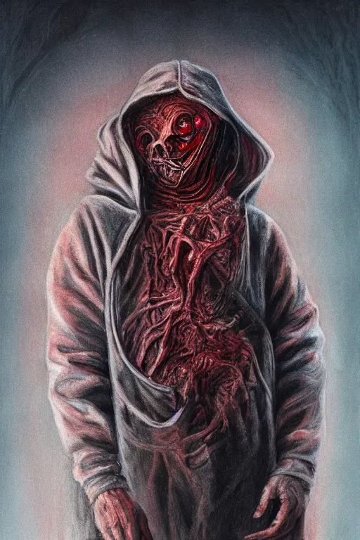 Image similar to A distorted creature in a hoodie from under which crawls out many faces of Nicolas Cage, red, disco elysium, highly detailed, digital painting, artstation, concept art, smooth, illustration, art by Wayne Barlowe and Zdislav Beksinski and Francis Bacon