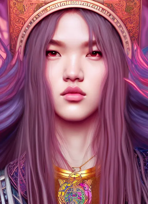 Prompt: jossi of blackpink, king, tarot card, highly detailed, digital painting, smooth, sharp focus, illustration, ultra realistic, unreal engine, 8 k, art by artgerm and alphonse mucha