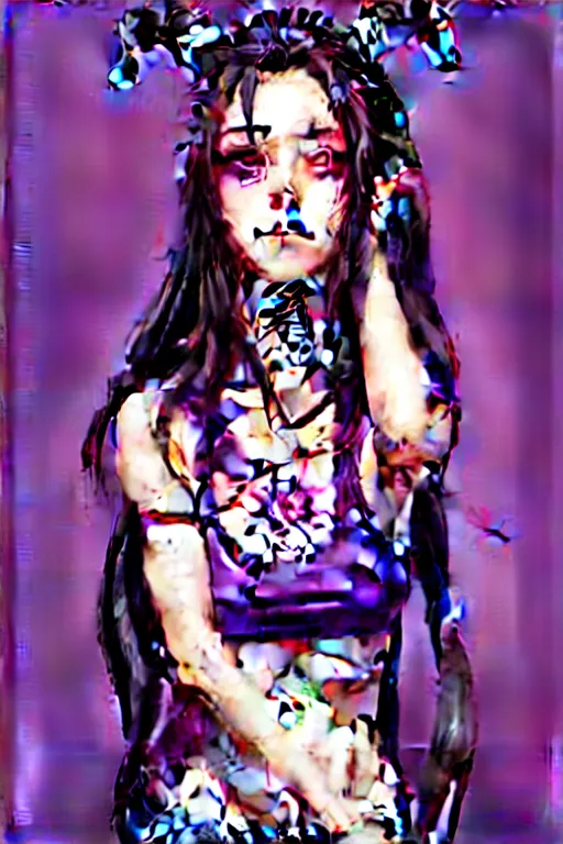 Image similar to a portrait of dilraba dilmurat as revy from black lagoon, smirk, black tank top, jean shorts, brown eyes, purple hair, tribal tattoo sleeve right arm, symmetrical eyes, symmetrical face, art by lois van baarle and loish and ross tran and rossdraws and sam yang and artgerm