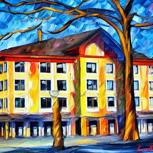 Prompt: young building, camosun college, painted by leonid afremov