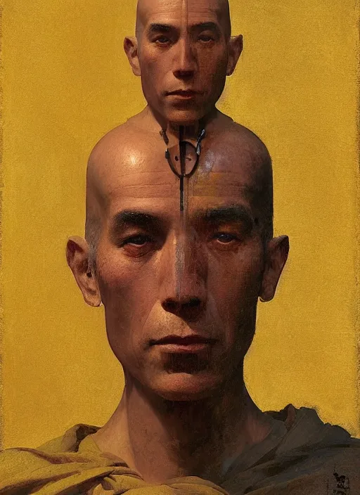 Image similar to portrait of an ancient automaton monk, a talking head automaton, strange invention, specular reflection, occlusion shadow, intricate, bokeh, masterpiece, by ilya kuvshinov and jeremy lipking and quentin mabille