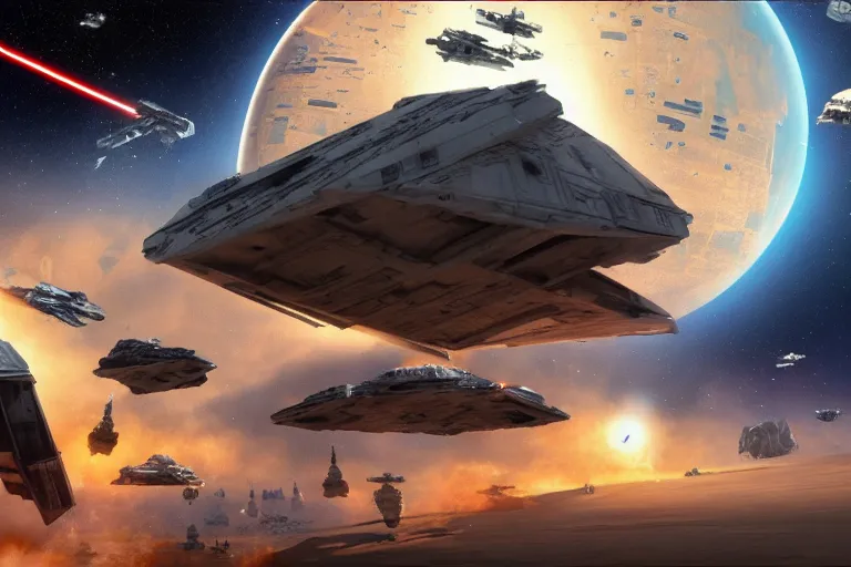 Prompt: star wars return of the jedi space battle in the style of modern cgi, hyper realistic, detailed, unreal engine, wide shot, vfx, space ships, space, 4 k