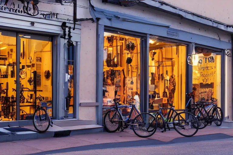 Prompt: boutique bicycle shop storefront wide angle street at dusk, cinematic lighting