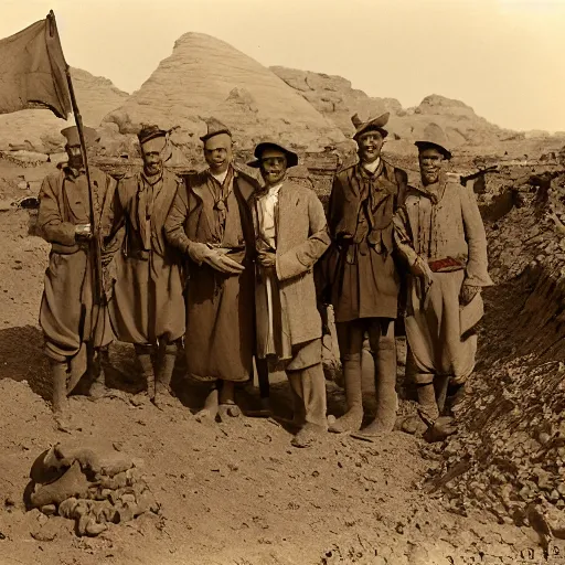 Image similar to ultra detailed photorealistic sepia - toned photo from 1 9 1 7, clean - shaven british soldiers standing with bedouin traders in traditional arab garb, at an archaeological dig site in wadi rum, ultra realistic, painted, intricate details, lovecraft, atmospheric, dark, horror, brooding, highly detailed, by clyde caldwell