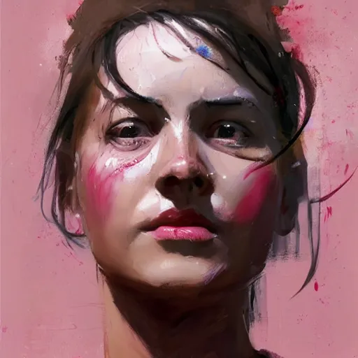 Image similar to greg manchess portrait painting of an female survivor in a bloody pink t shirt, goddess, wet flowing hair, bandage nose, shiny wet skin, medium shot, asymmetrical, profile picture, organic painting, matte painting, bold shapes, hard edges, street art, trending on artstation, by huang guangjian and gil elvgren and sachin teng