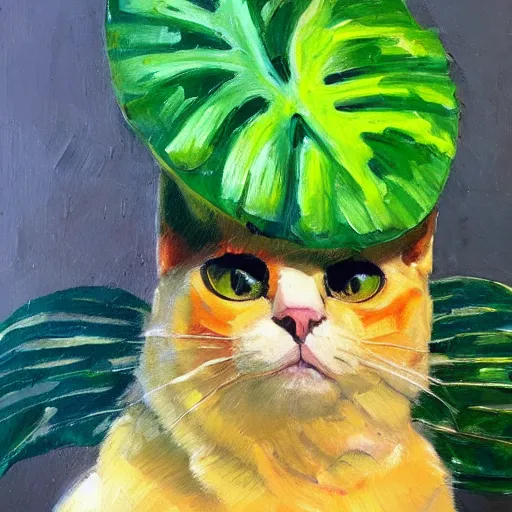 Prompt: palette knife oil painting of a cat wearing a chefs hat sitting on a monstera plant