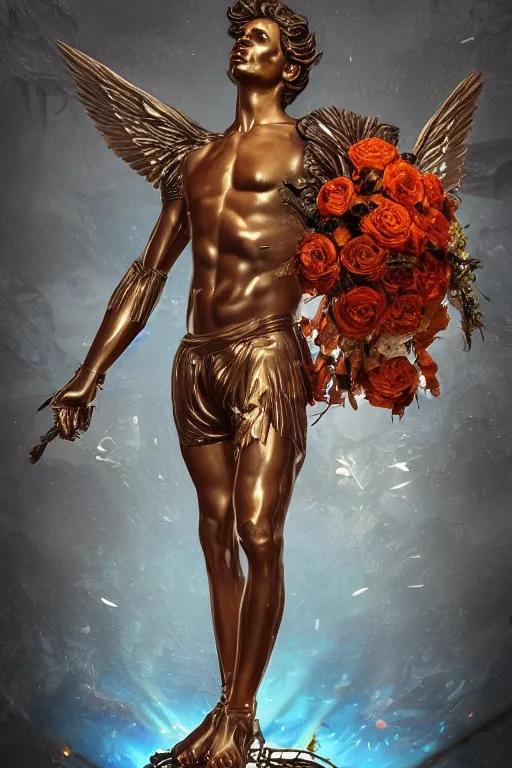 Image similar to a young handsome Spanish prince in a full-body bronze cyberpunk style statue of Icarus with glowing orange eyes, crown of white roses, flowing teal-colored silk, fabric, flowers. baroque elements, human skull. full-length view. baroque element. intricate artwork by caravaggio. many many birds birds on background. Trending on artstation, octane render, cinematic lighting from the right, hyper realism, octane render, 8k, depth of field, 3D