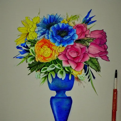 Image similar to a porcelain vase with a colorful and beautiful flower arrangement. very stylize and delicate watercolor and pencil drawing. long shotbeautiful lighting, 4 k post - processing, trending in art station, cg society, highly detailed, 5 k extremely detailed