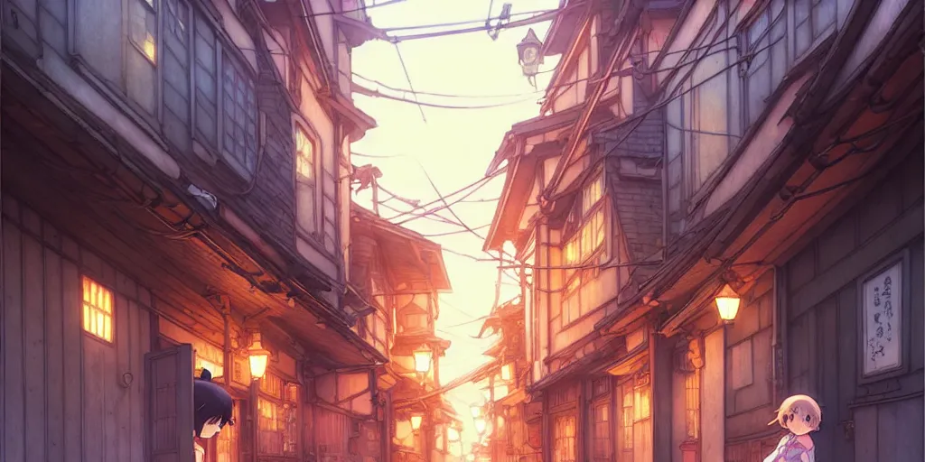 Prompt: the girl and the alley. anime visual of a cozy village, late in the evening, clear night sky. by hayao miyazaki and rossdraws and artgerm and greg rutkowski and alphonse mucha. anime production by studio ghibli. high quality, stunning, intricate detailed environment. 8 k