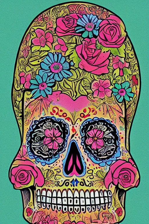 Image similar to illustration of a sugar skull day of the dead girl, art by victor moscoso