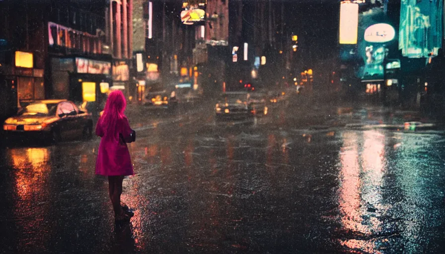 Prompt: street of new york, photography, night, rain, mist, a girl with pink hair, cinestill 8 0 0 t, in the style of william eggleston