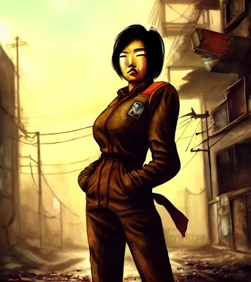 Prompt: fallout 5, charismatic beautiful rugged asian female protagonist, portrait, outdoors in a dilapidated tokyo back alley, atmospheric lighting, painted, intricate, volumetric lighting, daytime, autumn, fog, sharp focus, ultra detailed, art by william turner