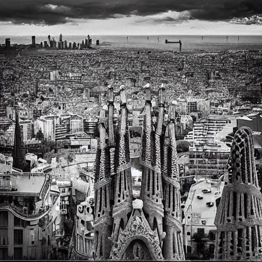 Prompt: “Barcelona panoràmic view with a gigantic extraterrestrial ship landed on the top of Gaudi’s “sagrada familia” Temple in Barcelona, photorealist, by grec rutkowski and gustave dore”