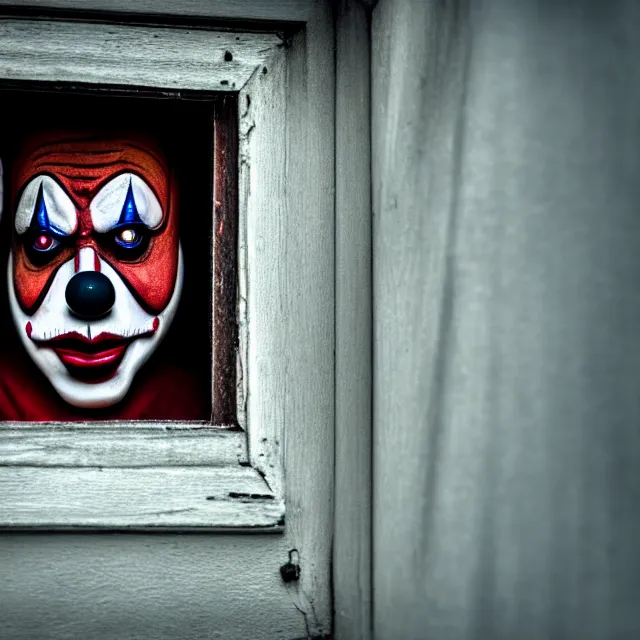 Image similar to far away shot of a scary clown looking through your window, highly detailed, 8 k, hdr, smooth, sharp focus, high resolution, award - winning photo