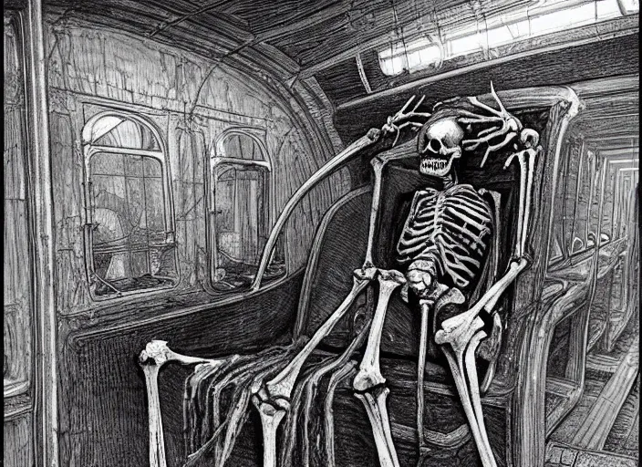 Prompt: a skeleton with a sinister crown slumped on a throne in a decrepit subway car, blue tinted colours, fluid, smooth, dark colours, high contrast, sharpness, beautiful, peaceful, very detailed, intricate, volumetric lighting, by giger and corben and moebius and beksinski and bosch and bacon