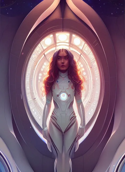 Image similar to symmetry, girl in a spaceship intricate, elegant, highly detailed, digital painting, artstation, concept art, smooth, sharp focus, illustration, art by artgerm and greg rutkowski and alphonse mucha