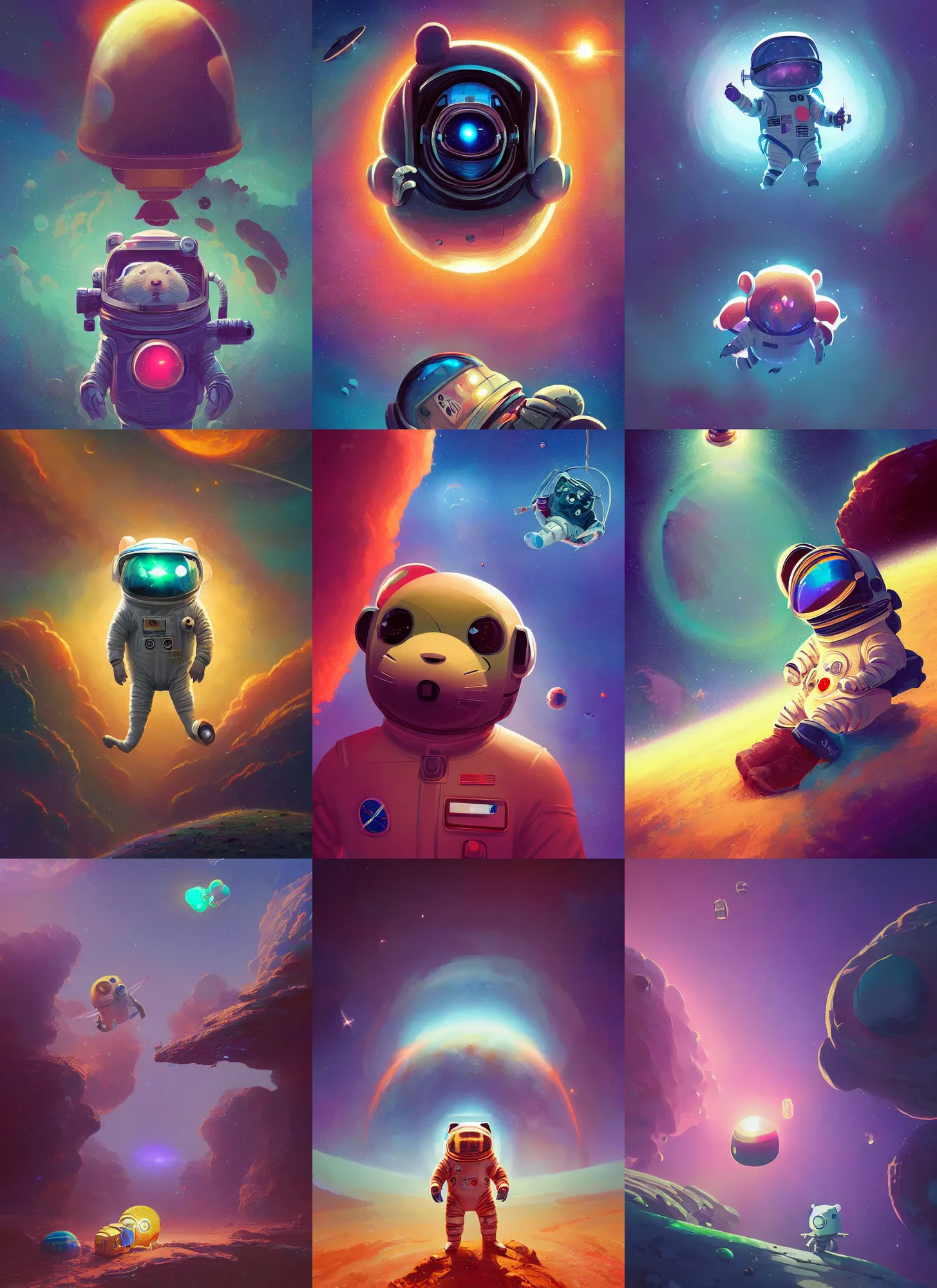 Prompt: a space hamster wearing an astronaut suit, sparkles, Alena Aenami, Petros Afshar, Noah Bradley, Anton Fadeev, Anato Finnstark, Steve Henderson, Filip Hodas, Mark Keathley, Thomas Kinkade, Phil Koch, Gilbert Williams, Mike Winkelmann, Beeple