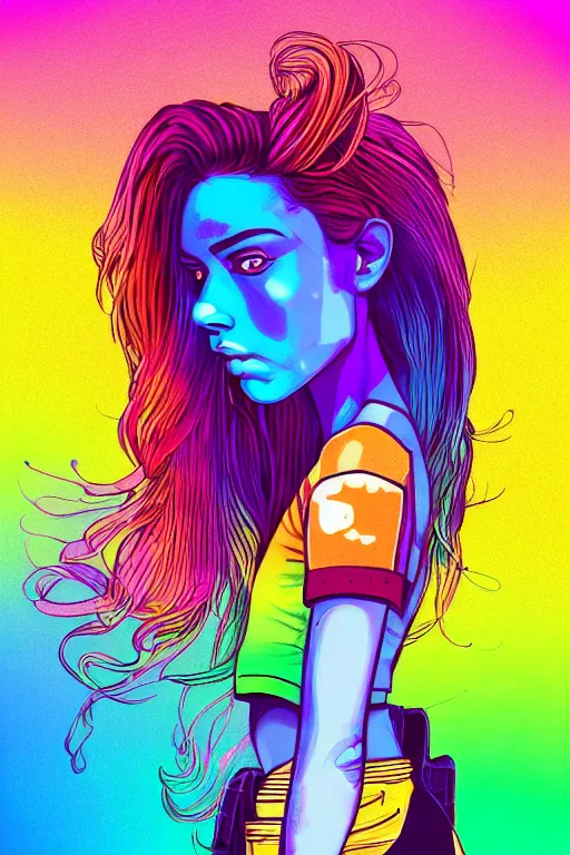 Image similar to a award winning half body portrait of a beautiful woman with stunning eyes in a printed croptop and cargo pants with rainbow colored ombre hairstyle head in motion and hair flying by josan gonzales, outrun, vaporware, shaded flat illustration, digital art, trending on artstation, highly detailed, fine detail, intricate