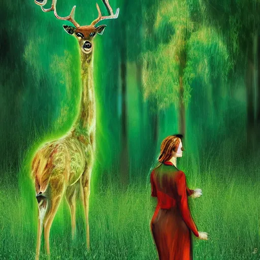 Image similar to a woman facing a giant deer made of green fire, digital art, complex brushstrokes, soft contrast