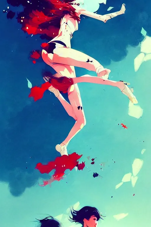 Image similar to a ultradetailed beautiful painting of a stylish woman falling from the sky, by conrad roset, greg rutkowski and makoto shinkai trending on artstation