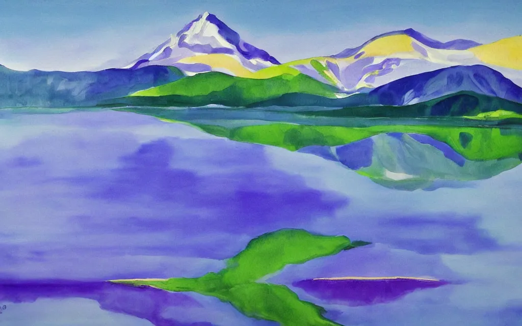 Image similar to the alps and reflection in a lake in the style of georgia o keeffe. colorful, wavy. painting. medium long shot. perspective. color palette of blue, yellow, purple, green. alpenguhen